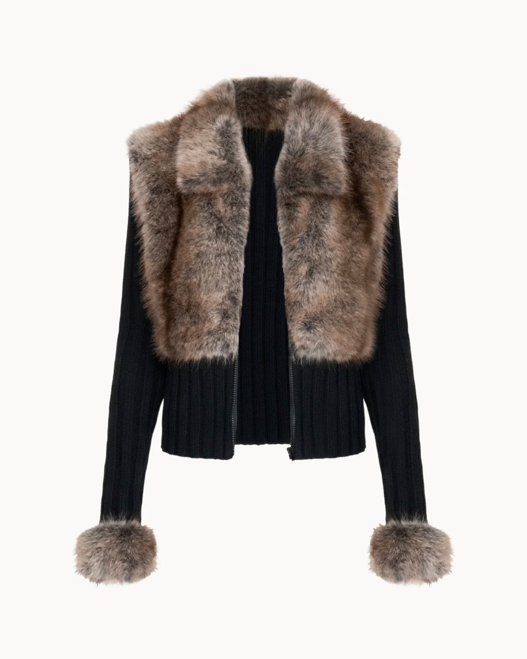 Cardigan Celeste con Dettagli in Eco-Pelliccia