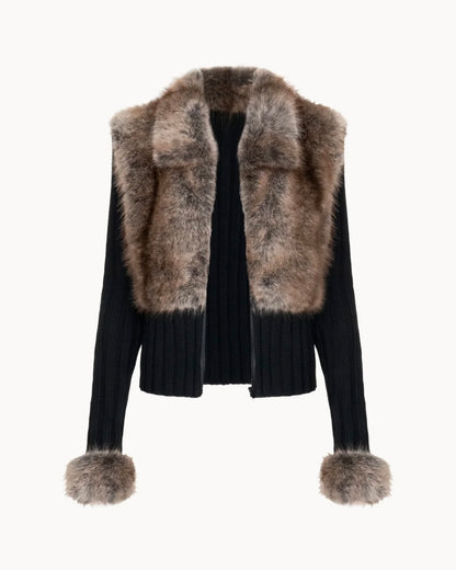 Cardigan Celeste con Dettagli in Eco-Pelliccia