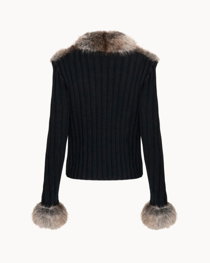 Cardigan Celeste con Dettagli in Eco-Pelliccia