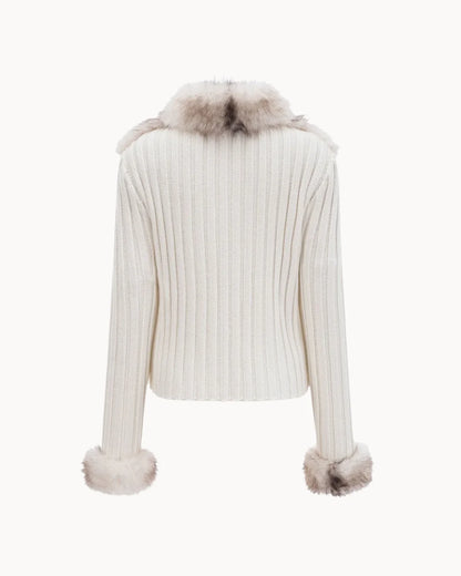 Cardigan Celeste con Dettagli in Eco-Pelliccia