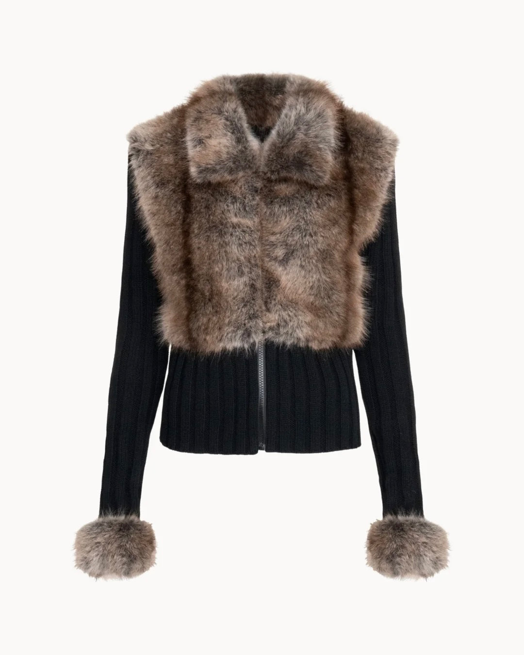 Cardigan Celeste con Dettagli in Eco-Pelliccia
