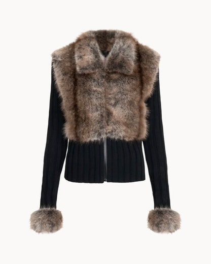 Cardigan Celeste con Dettagli in Eco-Pelliccia